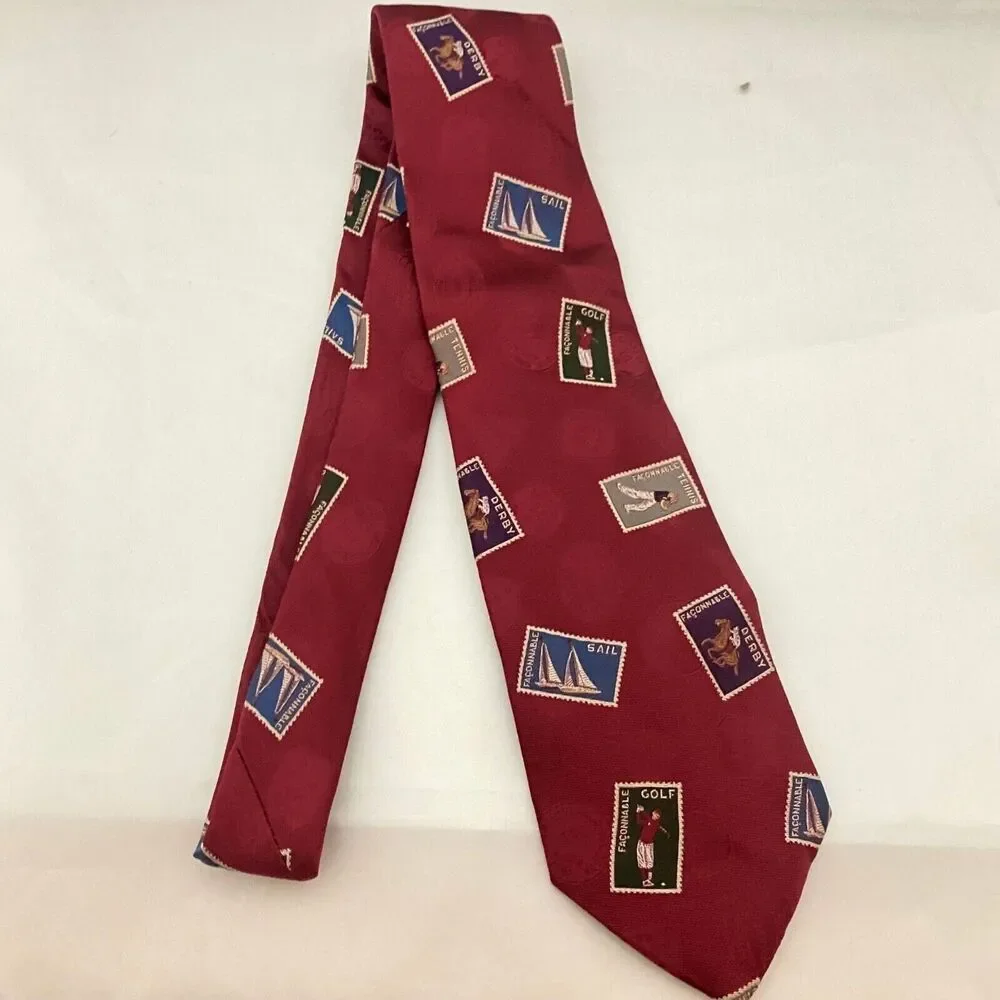 #5656 Maroon Vintage Golf Postage Stamps Mens Novelty Necktie, Tie 59X4